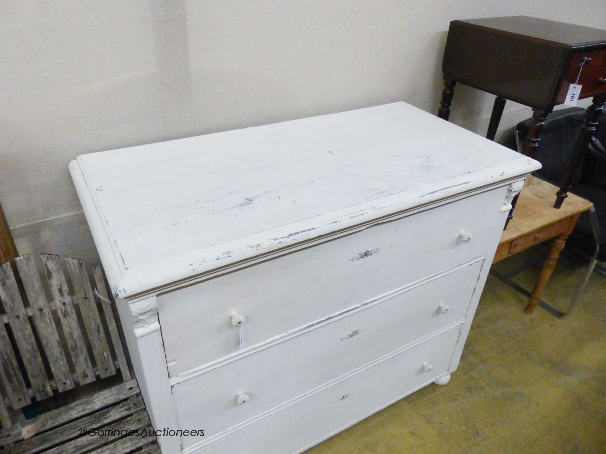 A 19th century Hungarian painted pine three drawer chest. W-126, D-61, H-109cm.